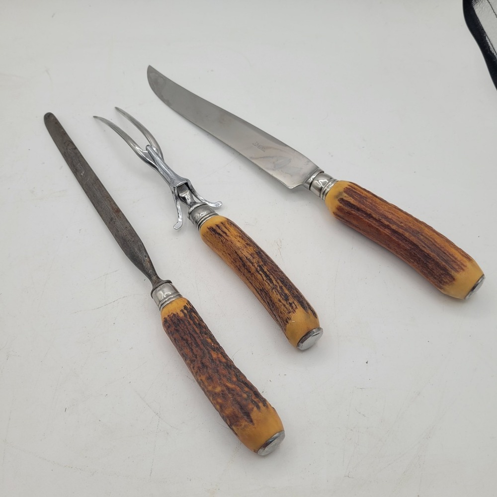 VTG DEXTER CARVING SET WITH STAG‎ STYLE HANDLES ~ Knife, Fork & Sharpening Steel